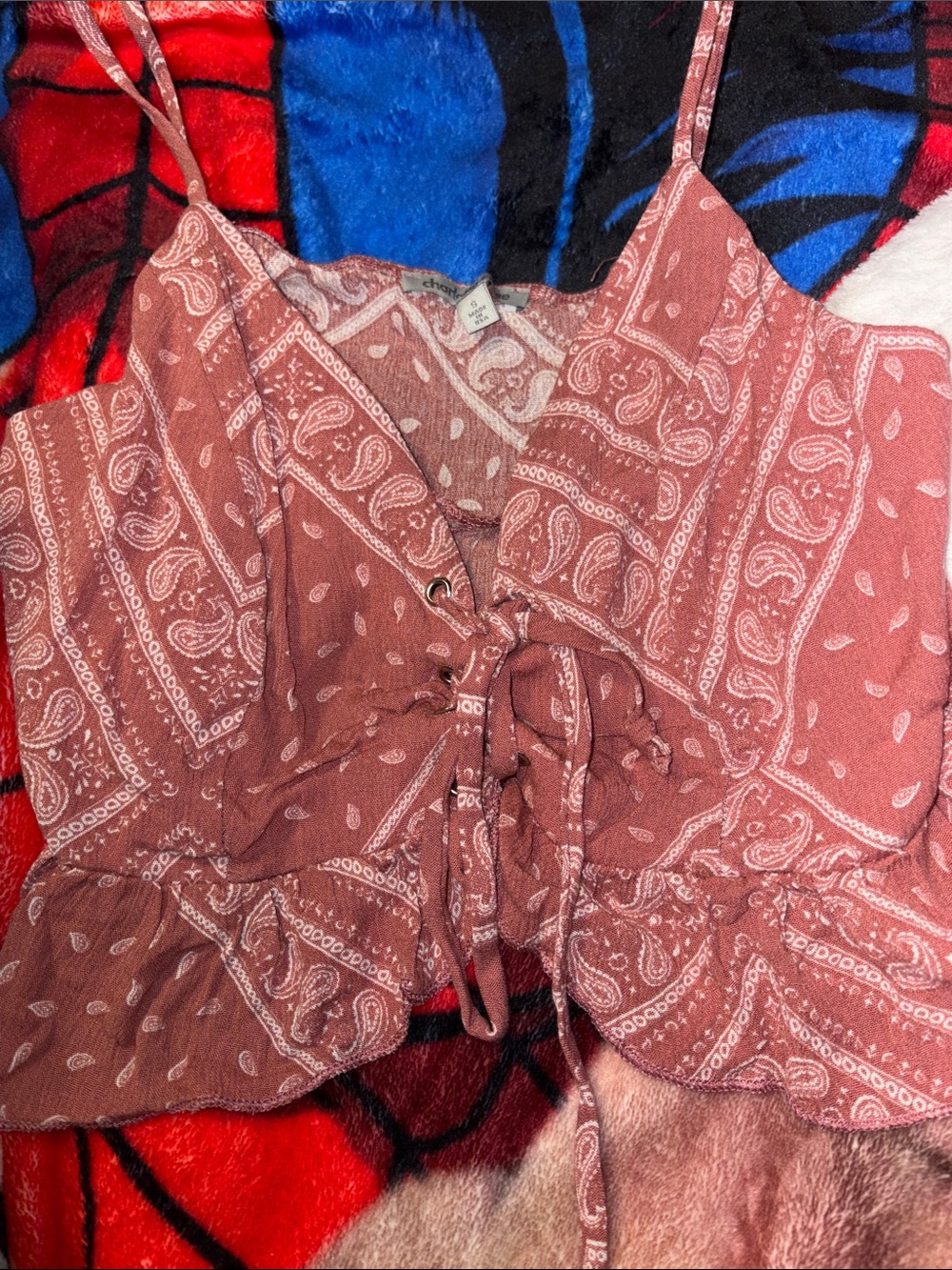 OFFERS OPEN! Small Charlotte Russe Tie-Front Paisley Crop Tank Top pink Paisley